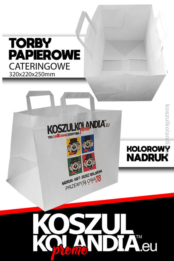 TORBA papierowa z nadrukiem FULL COLOR 32x22x25cm 70g/m2 biały (uchwyt płaski) CATERING GASTRONOMIA