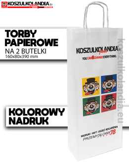 TORBA papierowa NA DWIE BUTELKI z nadrukiem FULL COLOR 160x80x390mm 80g/m2 biały prążek (uchwyt skręcany)