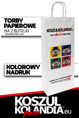 TORBA papierowa NA DWIE BUTELKI z nadrukiem FULL COLOR 160x80x390mm 80g/m2 biały prążek (uchwyt skręcany)