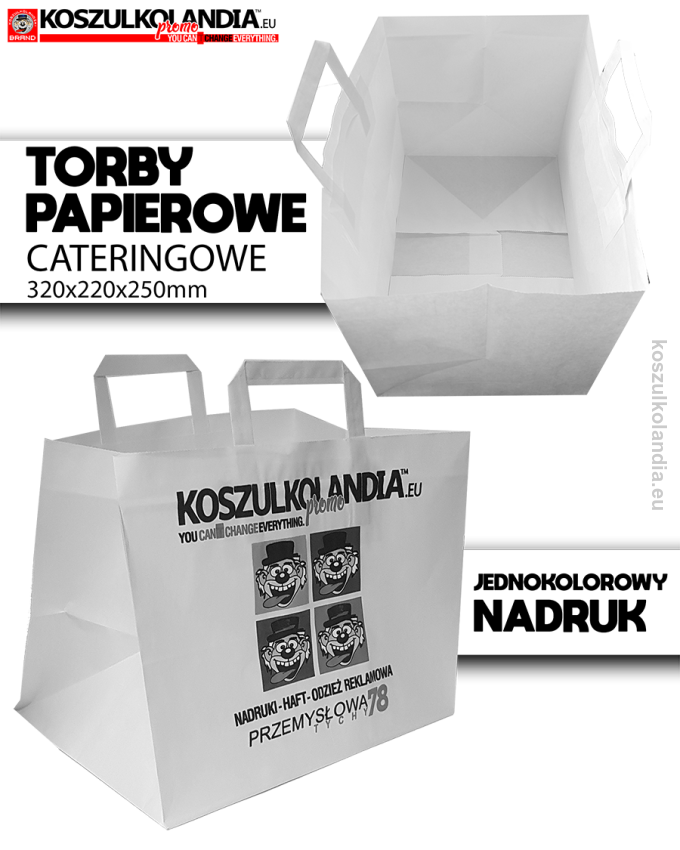 TORBA papierowa z nadrukiem JEDNOKOLOROWYM  32x22x25cm 70g/m2 biały (uchwyt płaski) CATERING GASTRONOMIA