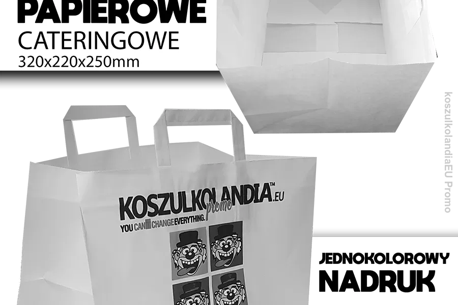 TORBA papierowa z nadrukiem JEDNOKOLOROWYM  32x22x25cm 70g/m2 biały (uchwyt płaski) CATERING GASTRONOMIA